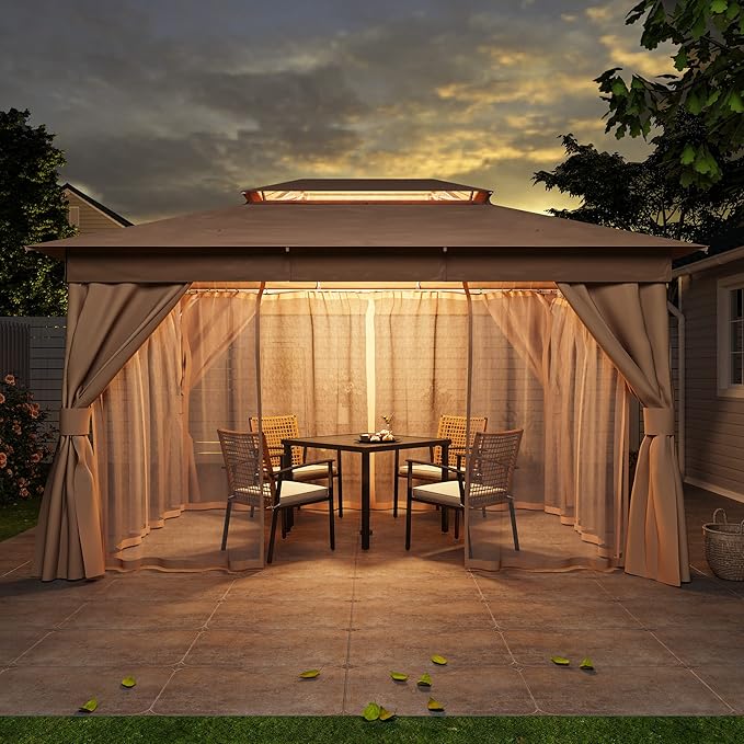 Outdoor Patio Gazebo 10x13FT, Heavy Duty Party Tent & Shelter with 2-Tier Roof and Expansion Bolts, Mosquito Nettings and Privacy Screens for Backyard, Garden, Poolside, Khaki