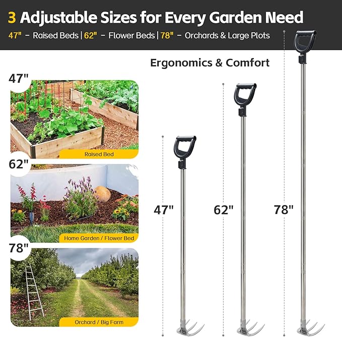 Hand Rake Long Handle - 74" Cultivator Weeding Rakes for Lifts Out Deep-Rooted Grass, 3-Tine Claw Rakes Heavy Duty Carbon Steel with D Grip for Digging Potato,Carrots,Loosens Soil