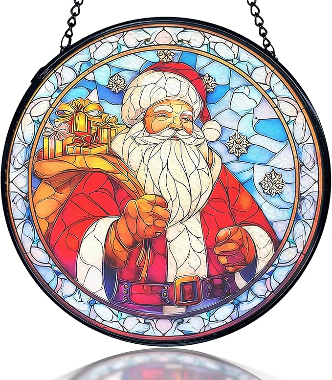 kdqua Christmas Santa Suncatcher Stained Glass Window Hanging, Winter Xmas Santa Claus Sun Catchers Indoor Window Glass Round Wall Decor, Christmas Wall Art Hanging Decorations Statues, 7.9x7.9in