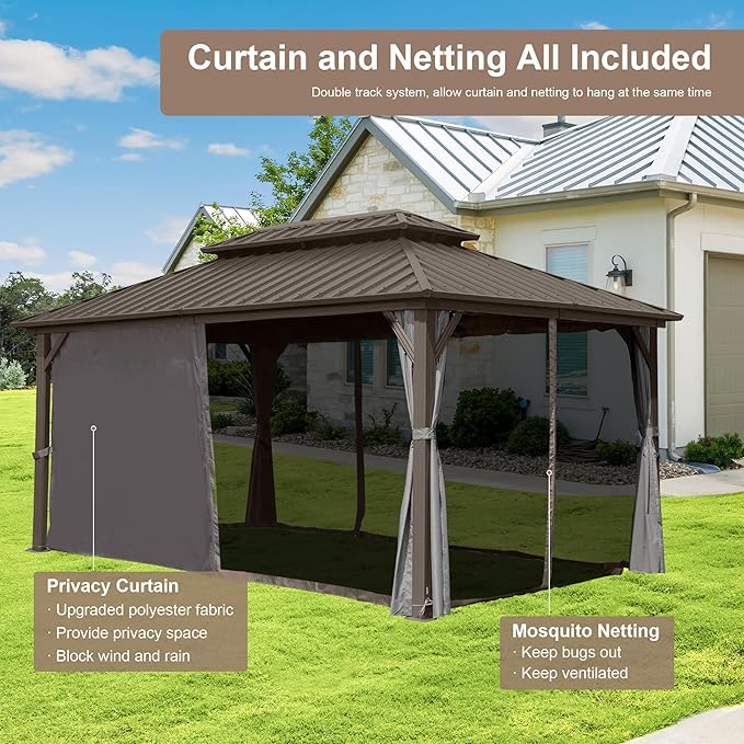 Domi Hardtop Gazebo 10x14FT, Aluminum Outdoor Gazebo with Galvanized Steel Double Roof Canopy, Curtains and Netting Included, Metal Gazebo Permanent Pavilion for Patio, Lawn, Garden, Brown
