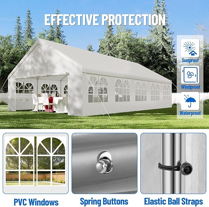 20'X32' Party Tent with Removable Sidewall Windows, Outdoor Heavy Duty Wedding Gazebo, Event Shelter Wedding Canopy Tent for Parties Carport BBQ, White & Straight Edge
