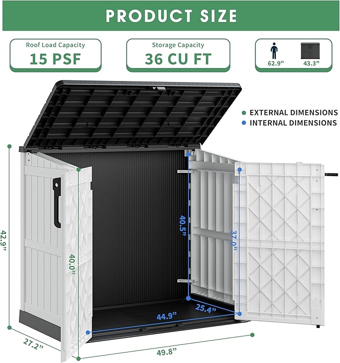 36 Cu Ft Resin Outdoor Storage Shed, Weatherproof Horizontal Outdoor Storage Cabinet with Dual Lock Door for Backyard, Patio, Garage, Garden(White)