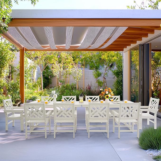 12 Piece HDPE Outdoor Dining Set for 10, Patio HDPE Furniture Set with 2 Table and Umbrella Hole, Outdoor Table and Chairs for Garden, Poolside, Backyard, Deck