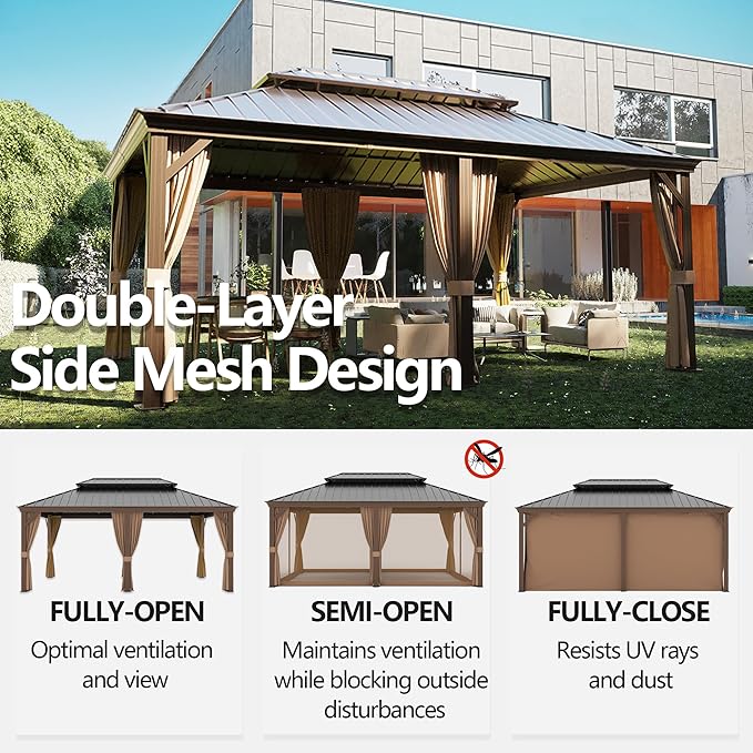 12' x 18' Outdoor Hardtop Gazebo Aluminum Frame with Double Metal Roof, Canopy Netting, Curtain, Patio Permanent Galvanized Steel Gazebo for Backyard, Garden, Party, Deck, Lawn