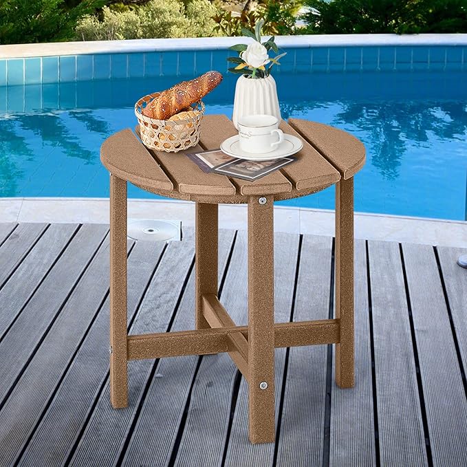 Tangkula Round Outdoor Side Table, 18 Inch Weather Resistant HDPE Adirondack Table, Outdoor Indoor Chairside End Tables, Patio Side Table for Lawn Garden Balcony Backyard, Easy Assembly (1, Brown)