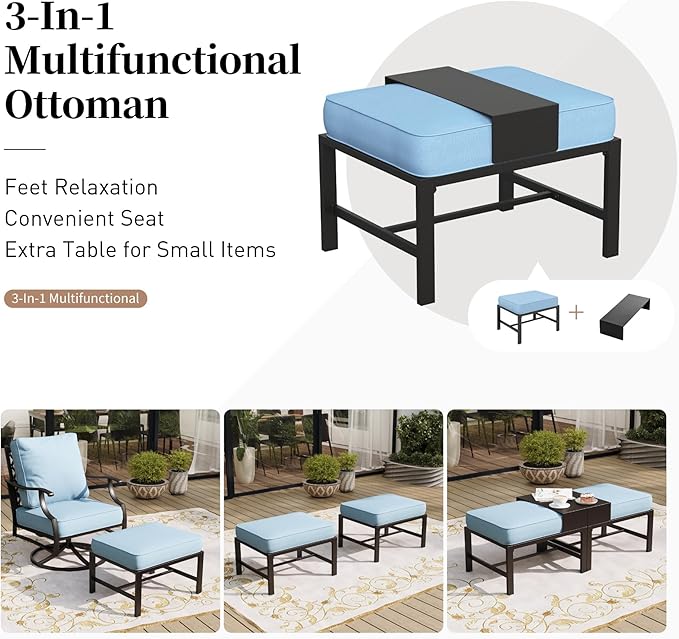 7 Piece Metal Outdoor Patio Furniture Set, Patio Conversation Sets 3-seater Sofa, 2 Rocking Chair, 2 Ottomans with 5.75" Thick Cushion, Black All-weather Frame Backyard Furniture, Blue