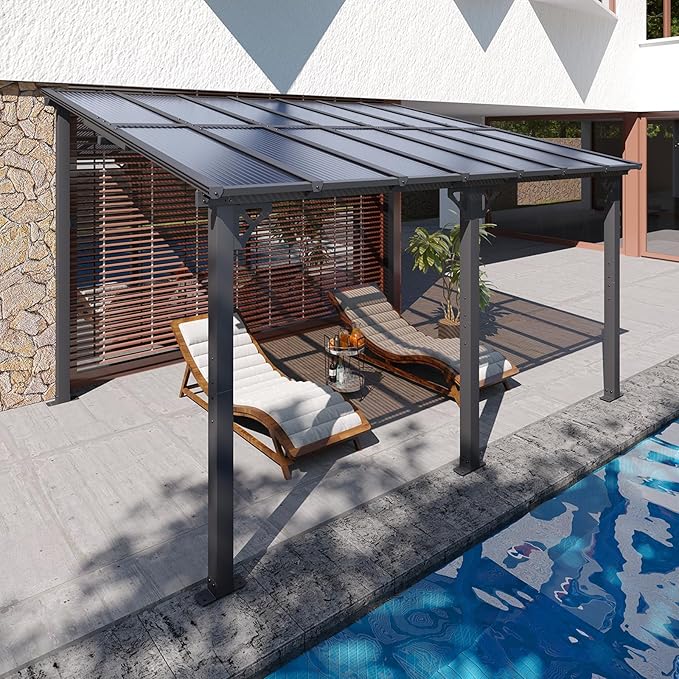 10x14FT Lean to Gazebo, Hardtop Metal Pergola with Polycarbonate Roof, Large Wall Mounted Heavy Duty Awnings, Patio Canopy for Backyard, Deck, Porch