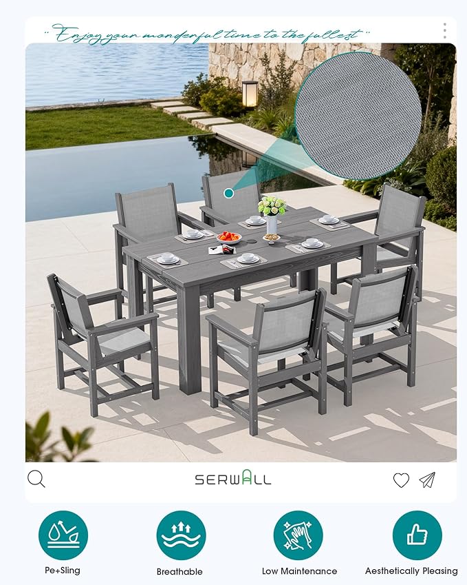 SERWALL 7 Piece Outdoor Dining Table Sets for 6 with 1 Umbrella Hole Cut-Out Rectangular Table and 6 Textilene Chairs, HDPE Dining Table Sets for Garden, Backyard, Poolside, Gray