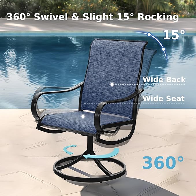 MFSTUDIO Outdoor Swivel Patio Dining Chairs Set of 6, High Back Breathable Textilene Patio Chairs for Balcony, Backyad, Deck, Garden (Navy Fabric,Black Frame)