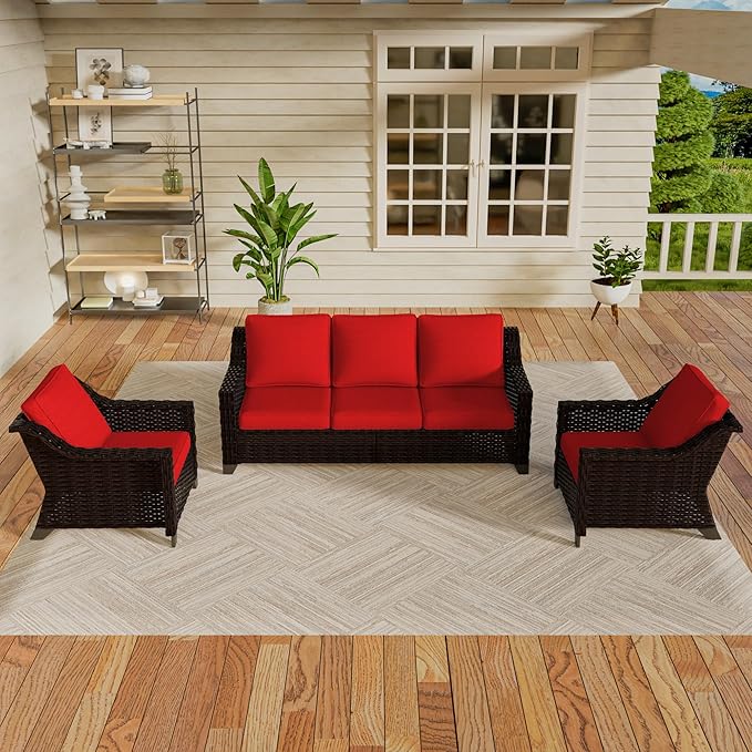 Vista Vibe 3 Pieces Outdoor Patio Conversation Furniture Set - 78" 3-seat Sofa | 2 Wicker Chairs, Deep Seat Loveseat, Removable Cushions, Hand-Woven PE Rattan Couch, Balcony (Brown/Red)