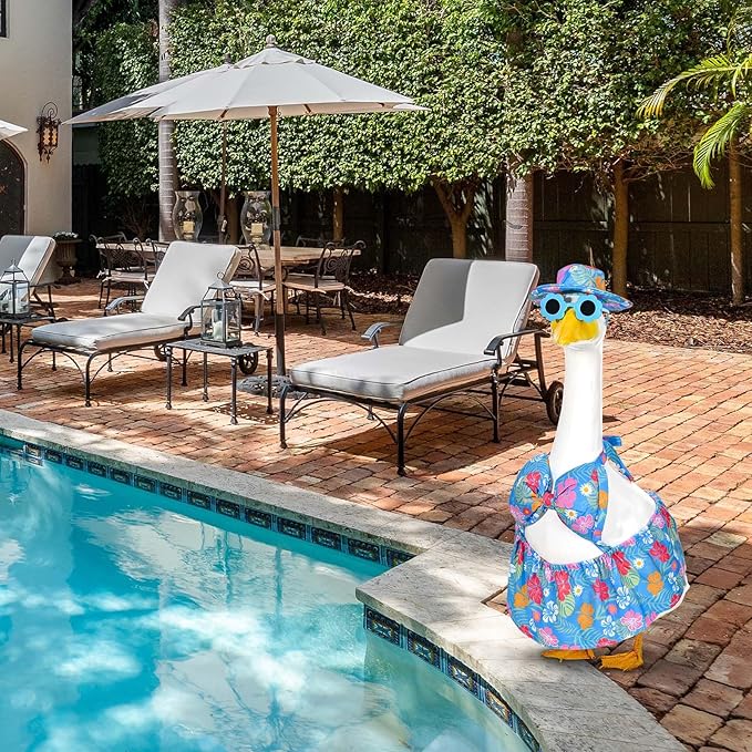Summer Goose Outfit Porch Goose Outfits Bikini Goose Clothes Hawaiian Porch Goose Clothes for 23" Cement Plastic Goose Outdoor Garden Yard Patio Decor (Blue)