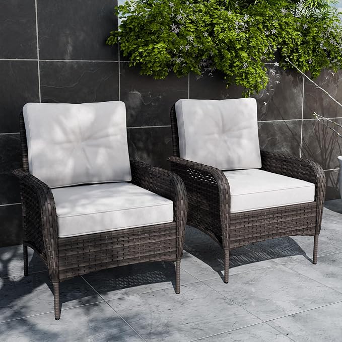 COOS BAY Vintage Courtyard Patio Chairs, Wicker Armchairs, Rattan Patio Dining Set of 2, Outdoor Seating for Deck or Balcony, Gray/Beige