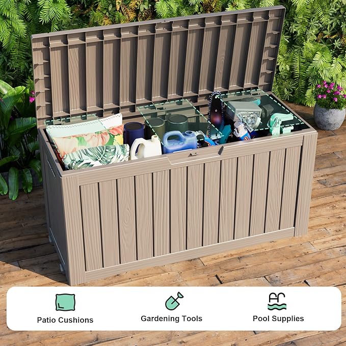Vixzen 90 Gallon Resin Deck Box, Lockable Outdoor Storage Box for Patio Cushions Storage Furniture,Garden Tools, Pool Supplies, Weatherproof and UV Resistant-Grey