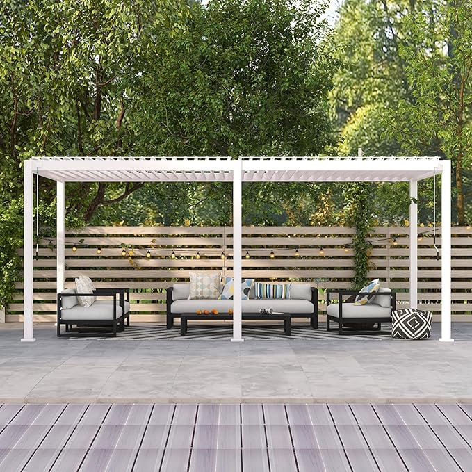 Mirador 111S Round Louvered Pergola Gazebo, 10Ft x 20Ft, Full Aluminum Frame, Adjustable Roof, Outdoor, Durable, White