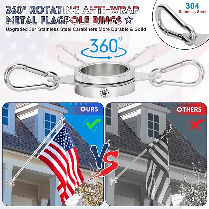 REERON House Flag Pole Kit, 5 FT Metal Spinning Flag Poles Kit, 1" Tangle Free Stainless Steel Flagpole with 360° Flagpole Rings & 2-Position Bracket for Outside House Porch Wall Mount for 3x5 Flag