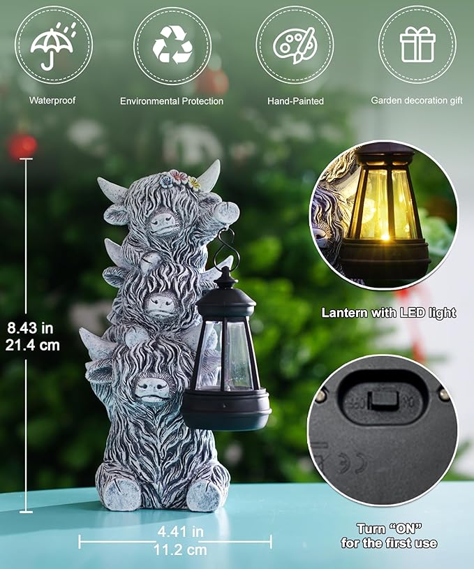 Solar Highland Cow Outdoor Decor:Garden Statue Outside Lantern Ornaments for Yard Lawn Patio Porch- Unique Gifts for Mom Women Grandma(Grey)