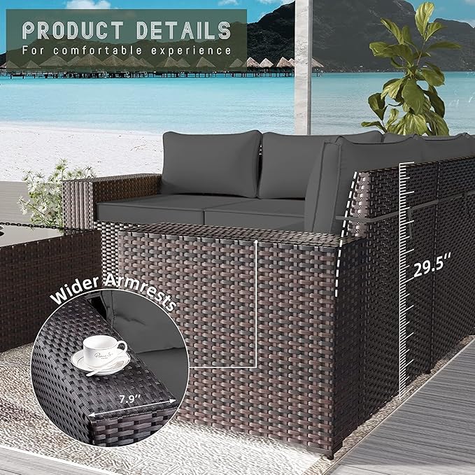 Outdoor Patio Furniture Set, 12 Pieces Outdoor Furniture All Weather Patio Sectional Sofa PE Wicker Modular Conversation Sets with Coffee Table,10 Chairs and Seat Clips Grey