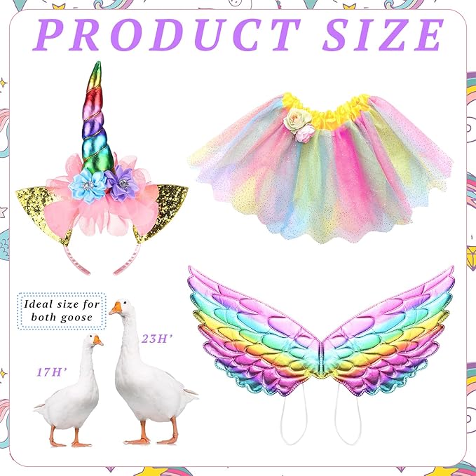 Abbylike Unicorn Goose Outfits Halloween Porch Goose Costume for 23'' Cement Statue Unicorn Headband Tutu Skirt and Wing for Party Outdoor Yard Lawn Garden Patio Decor