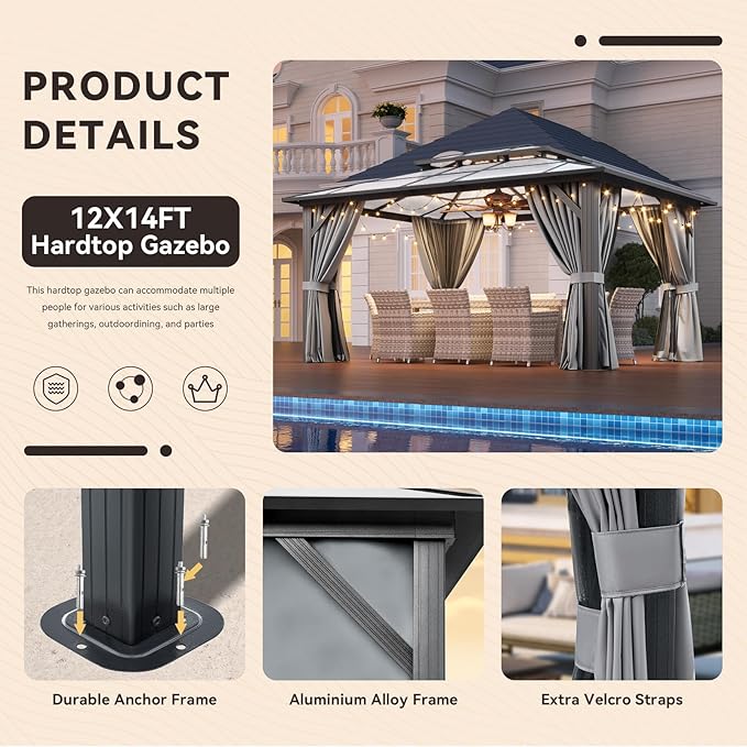 Aoxun 12'x14' Hardtop Gazebo, Aluminum Frame Permanent Pavilion with Netting and Curtains, Outdoor Polycarbonate Double Roof Canopy, Designed for Lawn, Garden, Patio (Gray)