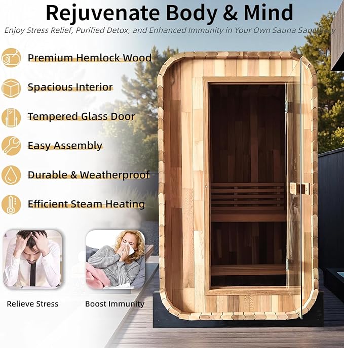 ZONEMEL Outdoor Steam Sauna for 2 Person, Canadian Red Cedar Sauna Room with 4.5KW Heater, 8mm Tempered Glass, Floor Kit, 220V (0-195 °F)