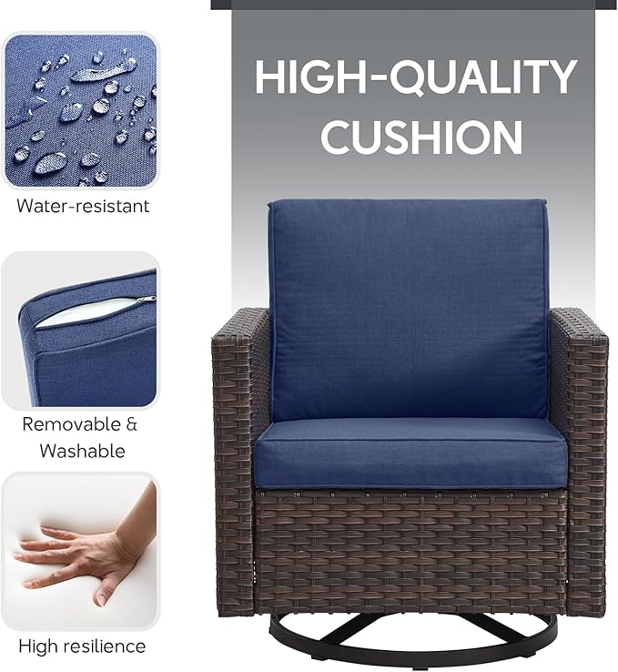 4 Piece Wicker Patio Furniture with Fire Pit Table - Outdoor Conversation Set with 50,000 BTU Fire Pit, All Weather Rattan Patio Set for Deck Backyard Garden - Brown Wicker Blue Cushion