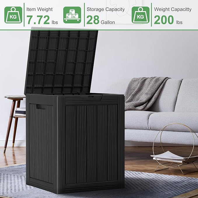 ROJIK Outdoor Storage Housing Deck Box - Waterproof Patio Furniture, Garden Tools, Cushions, Pool Accessories Storage Bench with Lockable Lid and Side Handles (Black, 28 Gal)