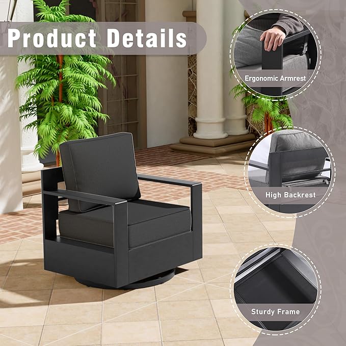 Aluminum Patio Swivel Chair - Outdoor 360°Swivel Chair with 6" Thick Water-insistant Cushions, All-Weather Use Frame, Removable Cover, Ideal for Garden, Poolside (Grey)