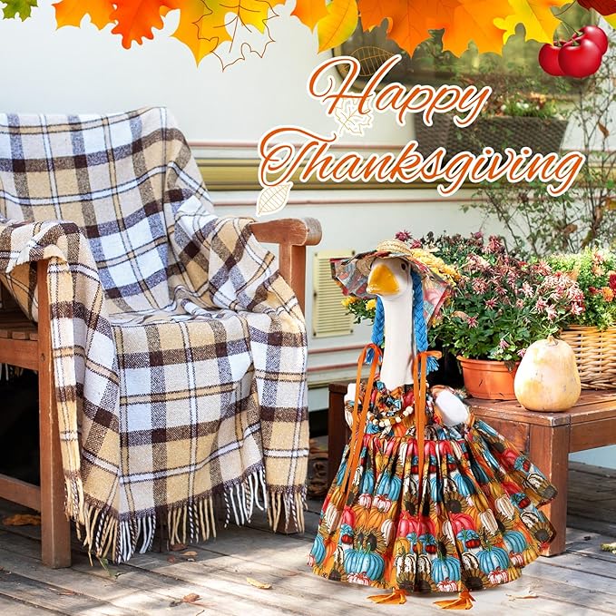 Fall Thanksgiving Goose Outfit Sunflower Porch Goose Costume with Hat Necklace for 23 Autumn Patio Yard Lawn Decor(Multicolor Sunflower)