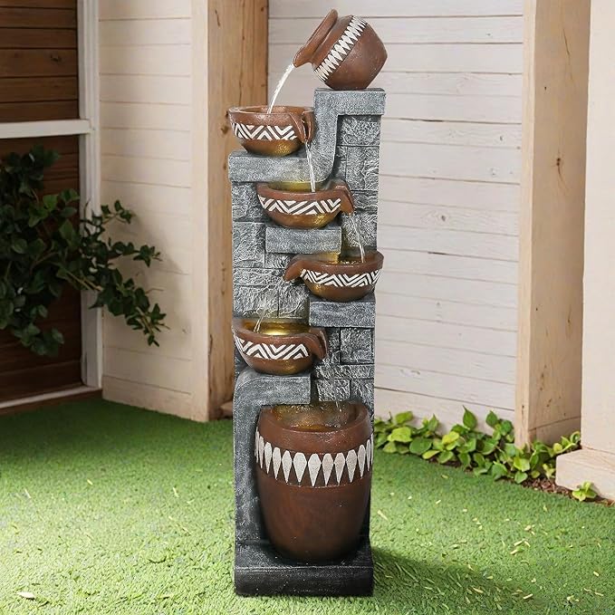 56.6" H 6-Tier Outdoor Water Fountain with LED Lights - Tall Cascading Jars Waterfall Feature with Tribal-Inspired Design for Garden, Patio, Yard, and Home Décor