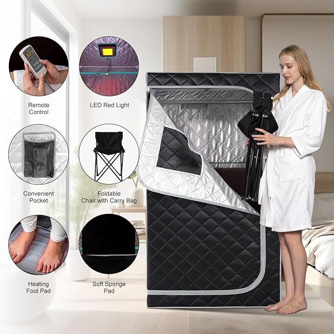 Smartmak Portable Infrared Sauna Box for Home with 660nm Red Light Therapy Lamp, Full Body Dry Sauna Tent, Personal Saunas with 6 Heaters, Heated Foot Pad, Foldable Chair for Body Recovery, BlackGrey