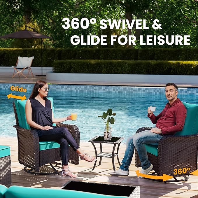 11 Pieces Outdoor Patio Furniture Set Outdoor Furniture Patio Sectional Sofa Conversation Sets w/ETL Approved 45" Gas Outdoor Fire Table & Coffee Table, Swivel Rocking Chair (Turquoise)