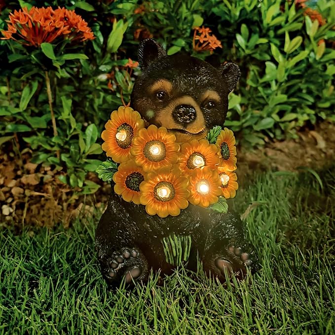 Solar Garden Decor Black Bear Outdoor Statue, Outdoor Patio Sculpture Decor LED Lights Gifts for Mom or Daughter, Garden Statues Birthday Gifts for Women Home and Yard
