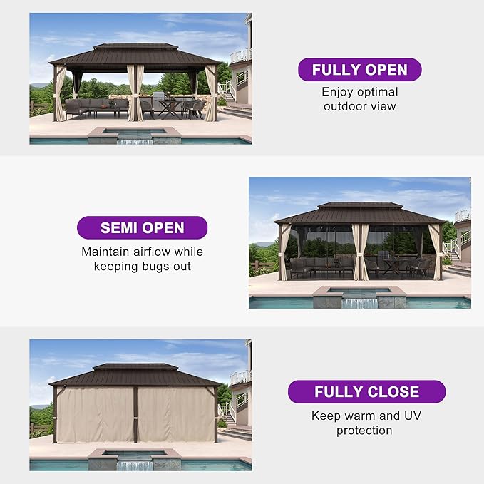 PURPLE LEAF 12’ X 20’ Outdoor Hardtop Gazebo Metal Frame Galvanized Steel Double Roof with Curtains and Nettings for Patio Desk Backyard Bronze