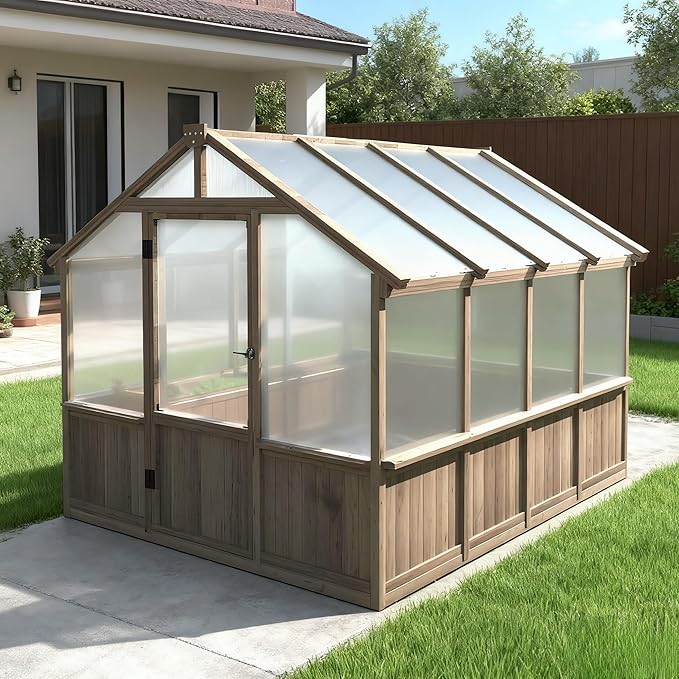 Greenhouse for Outdoor, 6x8ft-8x12ft Wooden WAK-in Greenhouse Kitwith 6MM Thick Polycarbonate Panel, Lockable Door & Adjustable Roof Vent ，Backyard Garden ﻿ (Light Mocha Brown, 8*8FT)