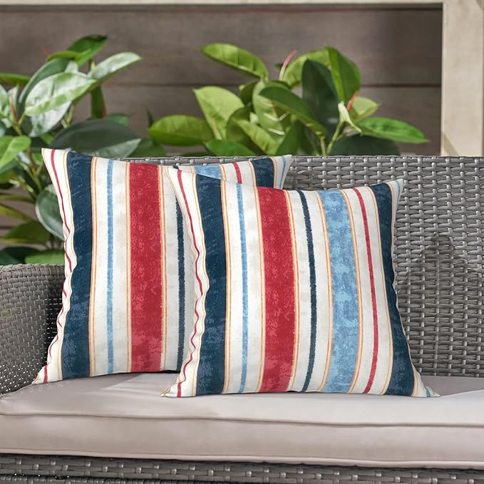 LVTXIII Outdoor Throw Pillow Covers 20 x 20 Inch, Covers ONLY Modern Cute Pattern Decorative Square Toss Pillow Case Pack of 2 for Home Patio Garden Sofa Bed Furniture, Stripe Red Blue