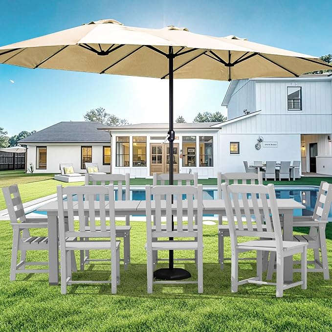LOUNZY 9 Pieces Patio Dining Sets, Outdoor HDPE Furniture Set for 8 w/ 2" Hole Cut-Out Dining Table 75.2in with 8 Patio Chairs(2 W/Armrest, 6 w/o Armrest), White