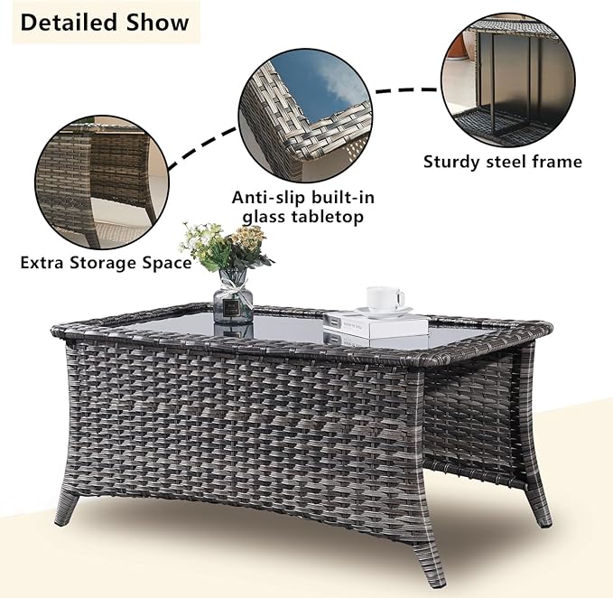 Rilyson 6 Piece Outdoor Patio Furniture Set - Rattan Wicker Patio Conversation Sets with 2 Swivel Rocker Chairs,2 Ottomans,1 Sofa and 1 Coffee Table for Outside Porch Deck Yard (Mixed Grey/Blue)