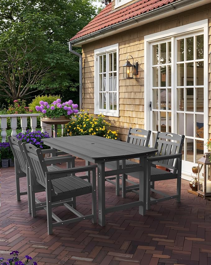 HDPE Outdoor Patio Dining Set with Table & 4 Chairs, All-Weather 5-Piece Outdoor Table and Chairs, 2" Umbrella Hole, Patio Furniture for Garden, Backyard, Deck | Grey
