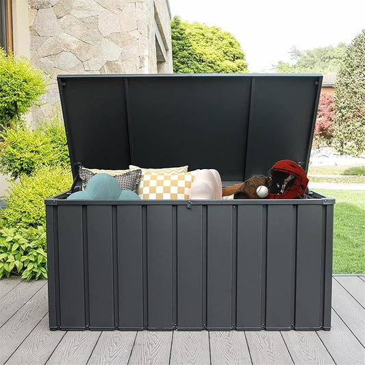 Heavy-Duty Outdoor Metal Storage Box Dark Gray Lockable Water-Resistant Deck Box for Patio Garden Tools Organization Rust-Resistant Outside Storage Box (120 Gallon)