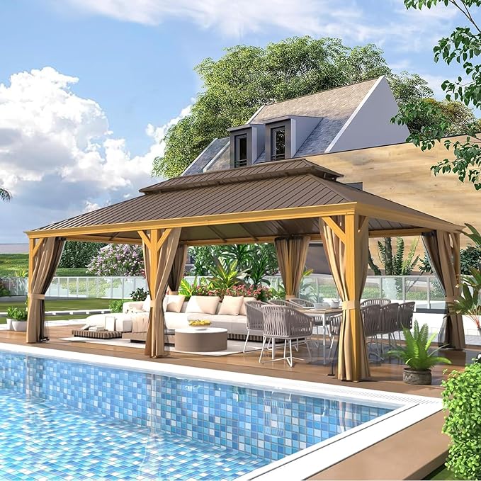 YOLENY 14'x24' Gazebo, Wooden Finish Coated Aluminum Frame Pergola with Double Galvanized Steel Hardtop Roof, Outdoor Permanent Metal Pavilion with Curtains and Nettings for Patio, Backyard and Deck