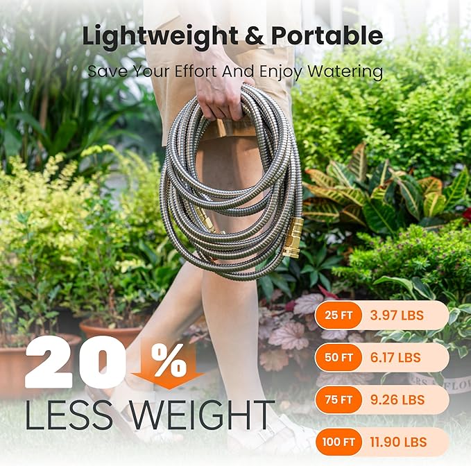 Girafe Tools Garden Hose 100ft x 5/8", 304 Stainless Steel Metal Water Hose, No Kink Garden Water Hose with 9 Pattern Spray Nozzle, Flexible, Lightweight, Kink Free Hose for Yard, Outdoor