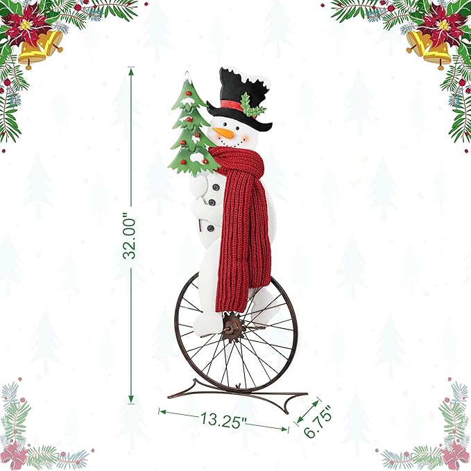 Glitzhome 32”H Metal Snowman Porch Décor Bike Wheel Cute Snowman with Red Scarf Hat Christmas Tree Garden Yard Porch Sign Indoor Outdoor Christmas Decorations