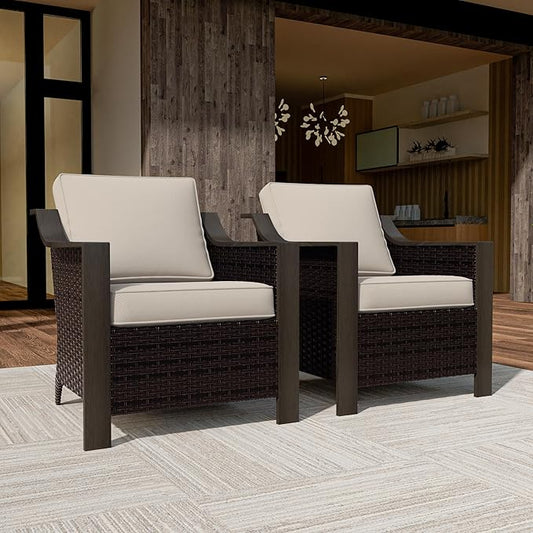 Outdoor Wicker Chair Set of 2, All-Weather Use Patio Rattan Chair with Removable Water-Resistant Cushion, Ideal for Porch, Backyard, Balcony, Poolside, Beige