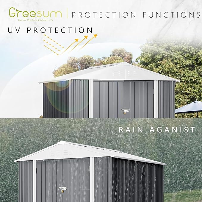 Greesum 8x6FT Outdoor Storage Shed, Utility Tool Shed Metal Storage Garden Shed with Door & Lock for Patio Storage, Gray