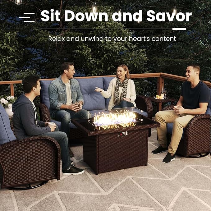7 Pieces Patio Furniture Sets with Fire Pit Table, Wicker Rattan High Back Outdoor Swivel Rocking Chairs Set with 3-Seat Couch, Ottomans and Side Table