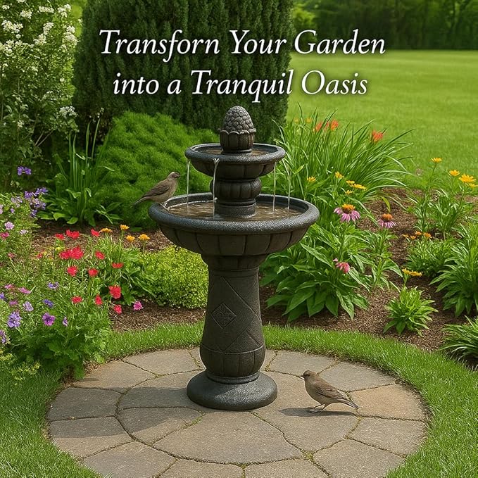 Teamson Home 39" Outdoor Water Fountain, 2 Tier Pineapple Pedestal Waterfall Fountain with Pump, Garden Patio Yard Décor, Durable Polyresin, Weatherproof, Iron Gray