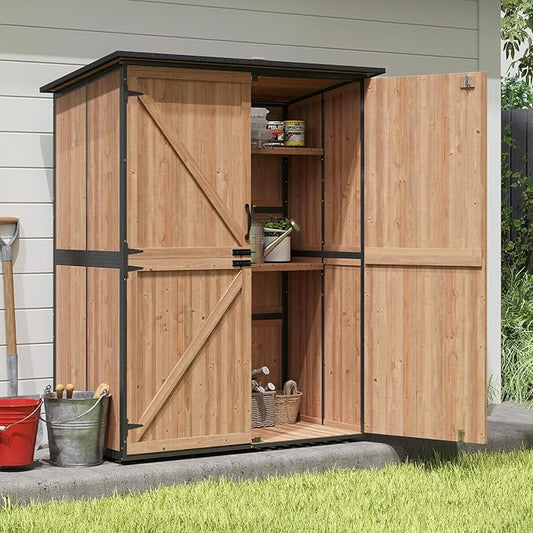 Outdoor Storage Shed with Floor, Waterproof Storage Cabinet with Metal Frame, Adjustable Shelves, Garden Shed for Backyard Garden Patio Lawn - Light Brown