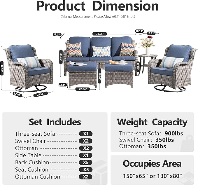 HOOOWOOO Patio Furniture Set,6 Piece Outdoor Furniture Set with Swivel Chairs,Wicker Patio Conversation Couch Chairs Ottoman Set,Denim Blue