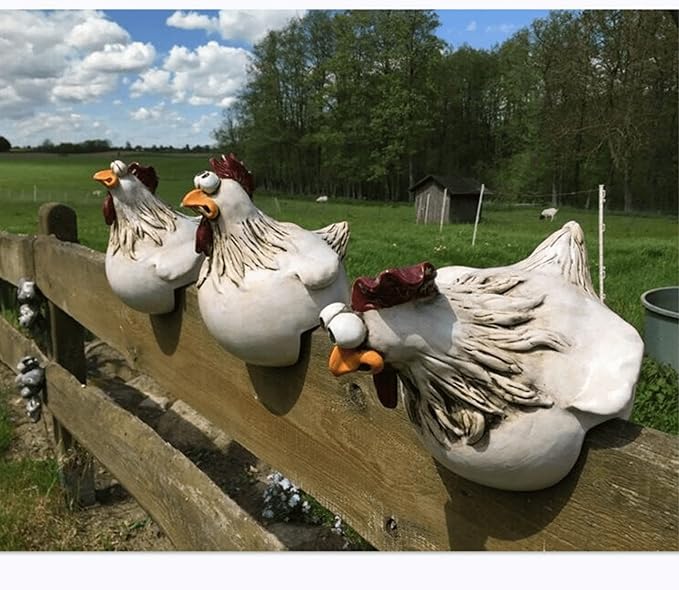 coolboy Chicken Fence Decoration Funny Farm Sculpture Chicken Decorations for Home Garden Stairs,Farm,Patio,Backyard,Resin Craft Chicken Wiht Garden Figurine Statue,3 Chickens a Set