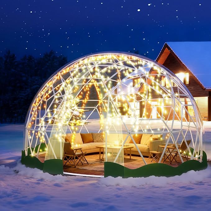 12FT Garden Dome Tent, Geodesic Dome Greenhouse with PVC Clear Cover, Waterproof Garden Bubble Dome Tent House with 2 x 10M Light Strings for Outdoor, Patio, Backyard, Party (Green Edge, 15FT/4.6M)